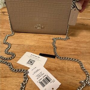 Coach Croc-Embossed Leather Crossbody Bag in Taupe with Silver Chain